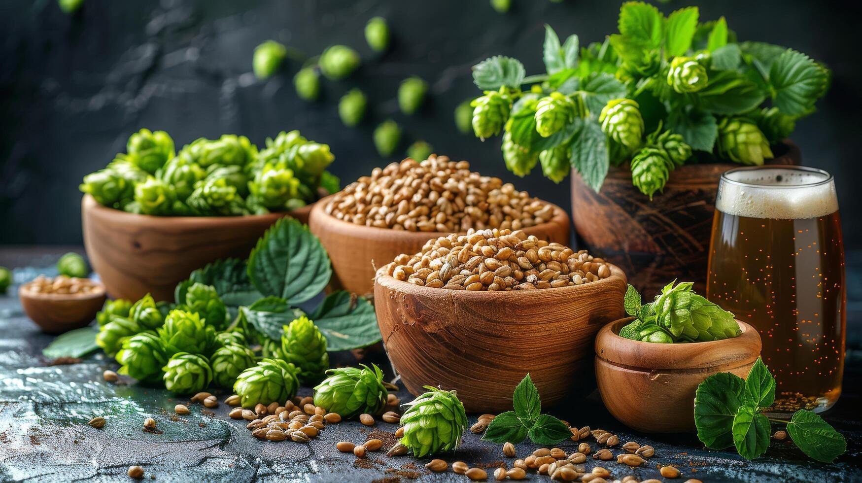 ai généré sac de vert le houblon avec verre de Bière photo