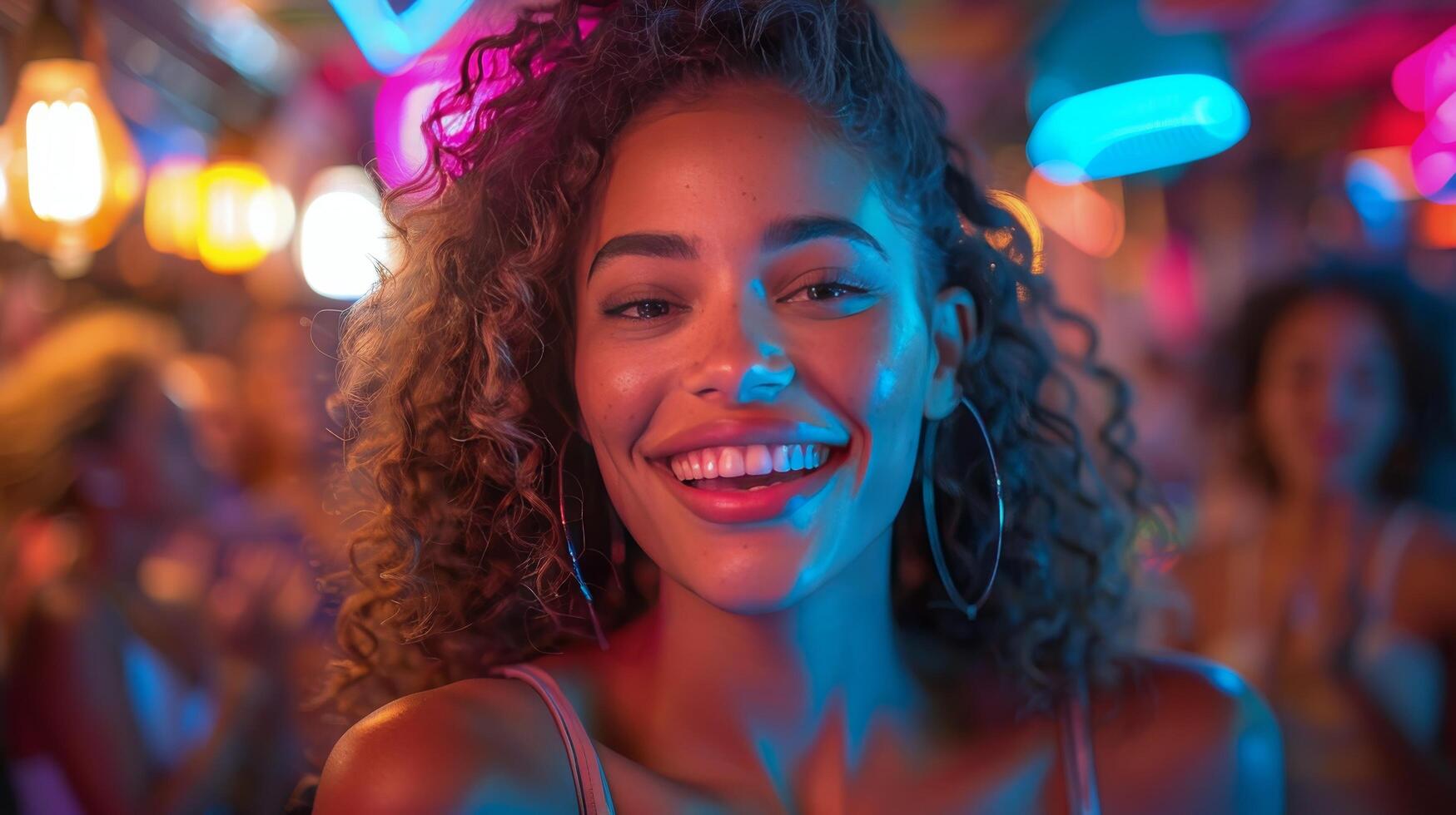 ai généré souriant femme avec frisé cheveux photo