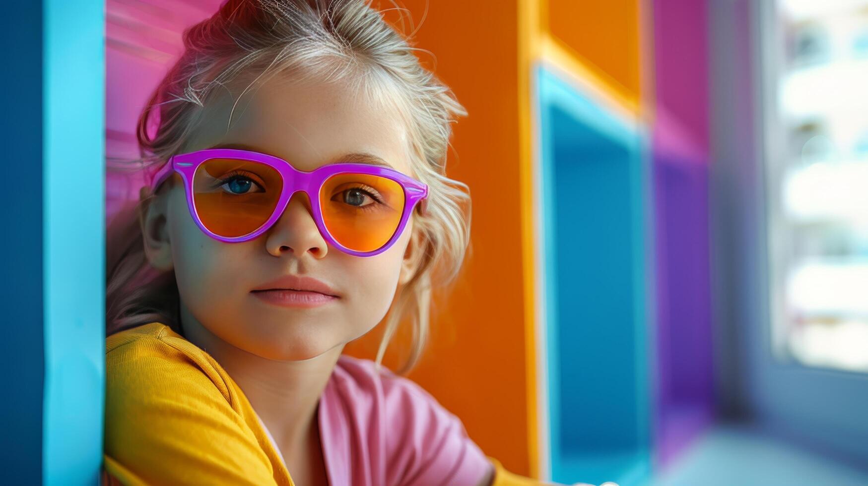 ai généré Jeune fille dans Jaune des lunettes de soleil penché contre mur photo