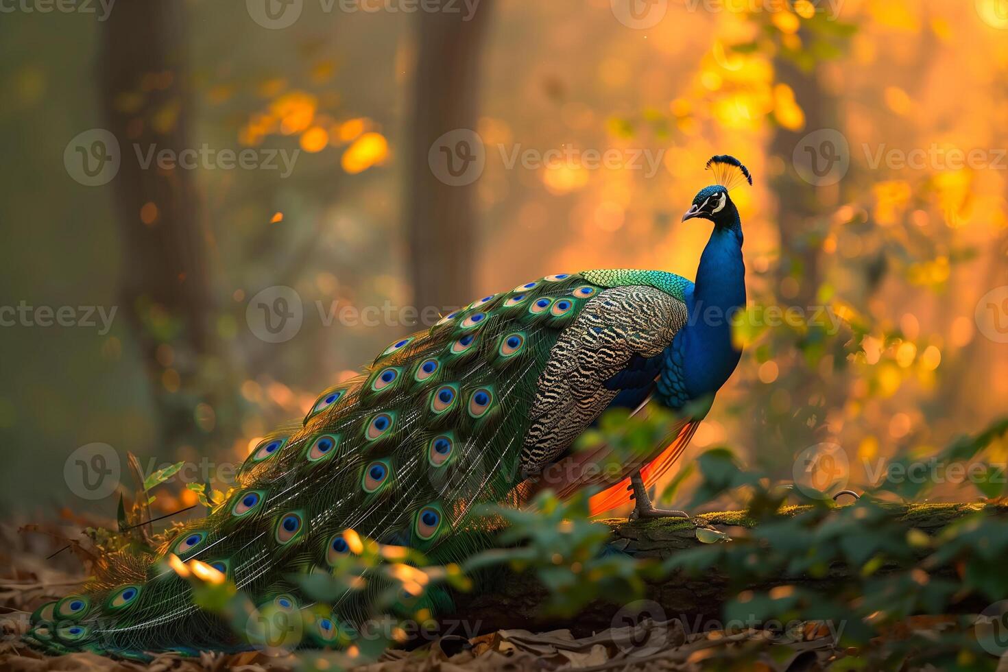 ai généré majestueux paon des stands fier dans Naturel habitat le coucher du soleil lumière. génératif ai photo