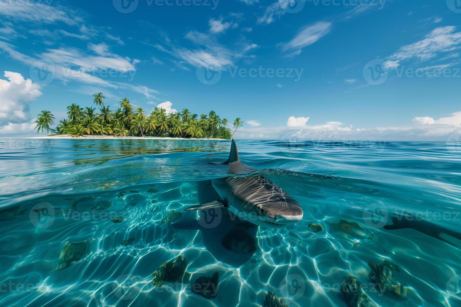 ai généré requin sous-marin nager dans le mer proche à île.générative ai photo