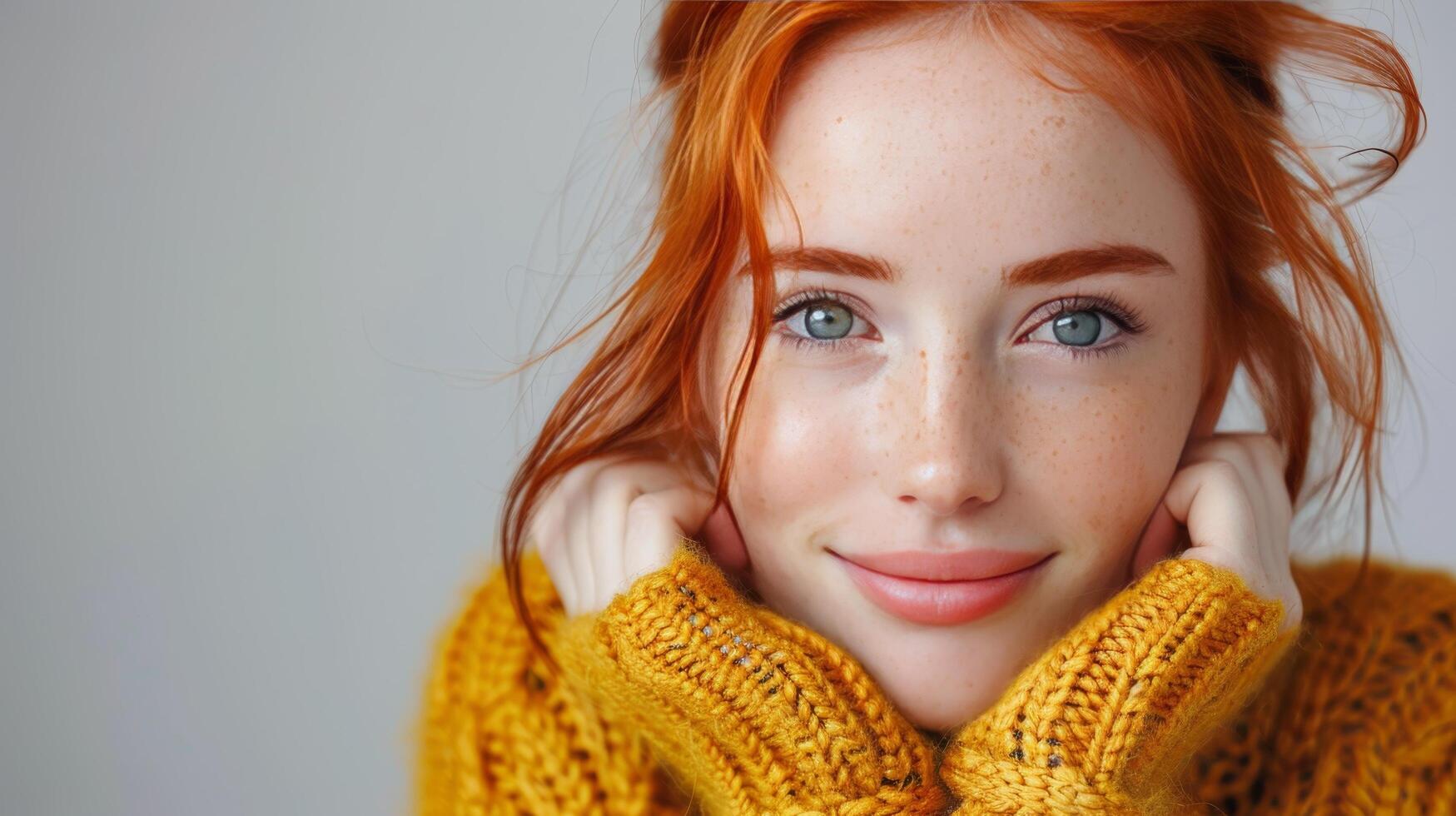 ai généré femme avec rouge cheveux dans Jaune chandail photo