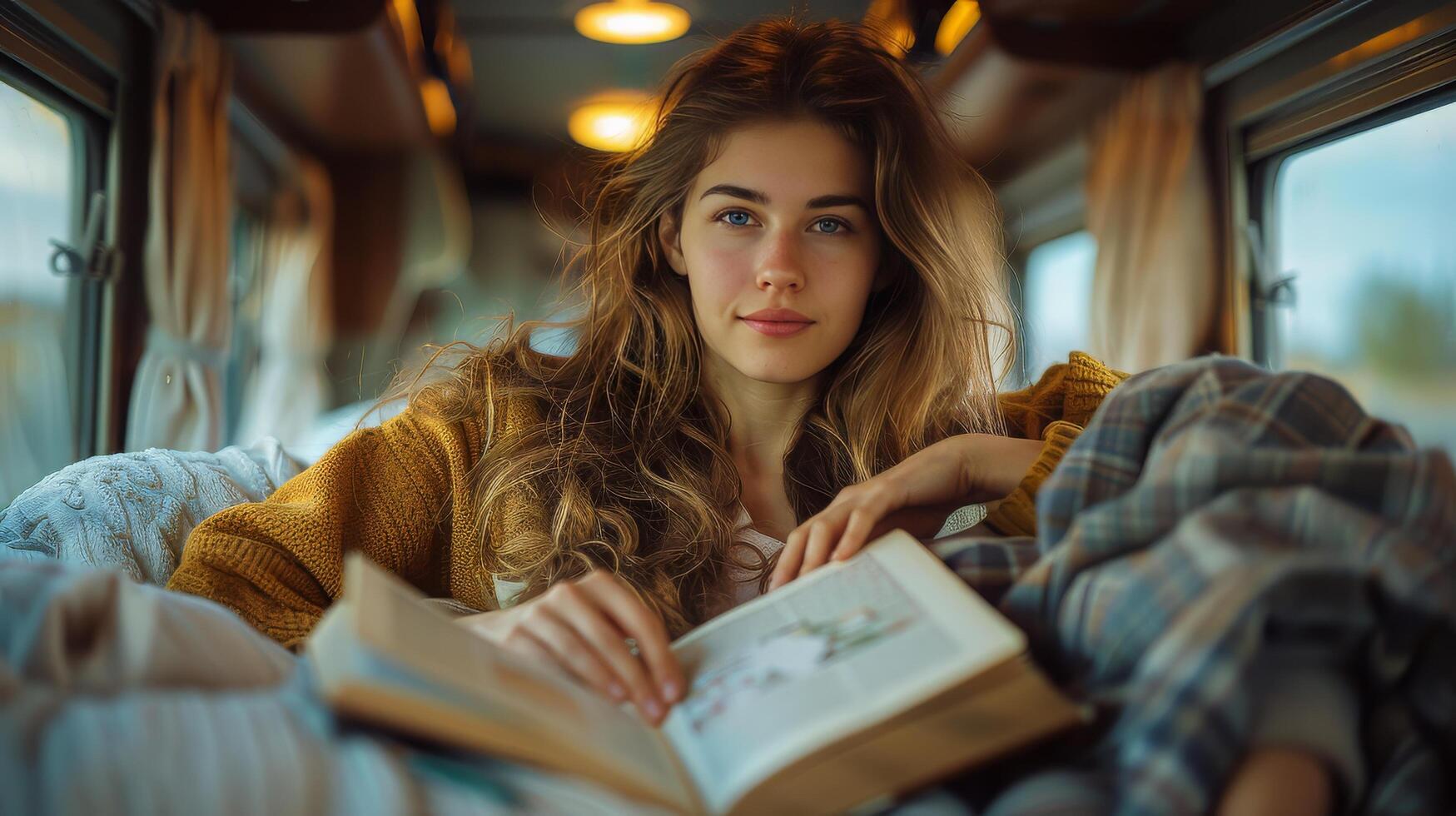 ai généré femme séance sur autobus en train de lire une livre photo