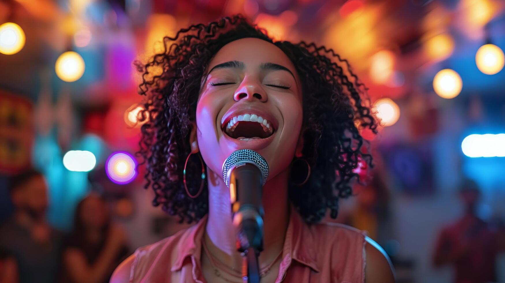 ai généré femme en chantant dans microphone avant foule photo