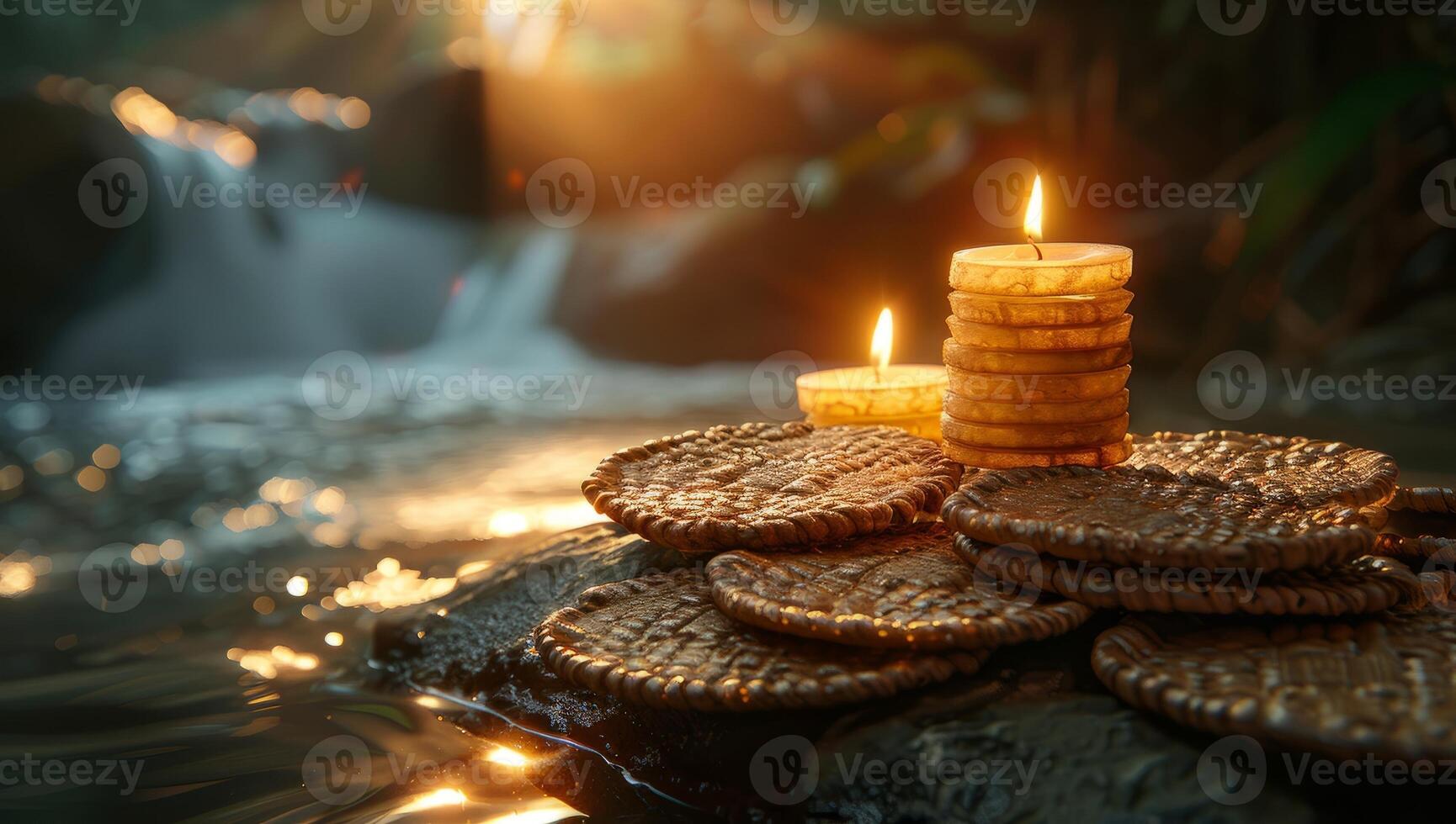 ai généré spa relaxation avec bougies, biscuits et écoulement l'eau. bien-être et tranquillité concept. photo