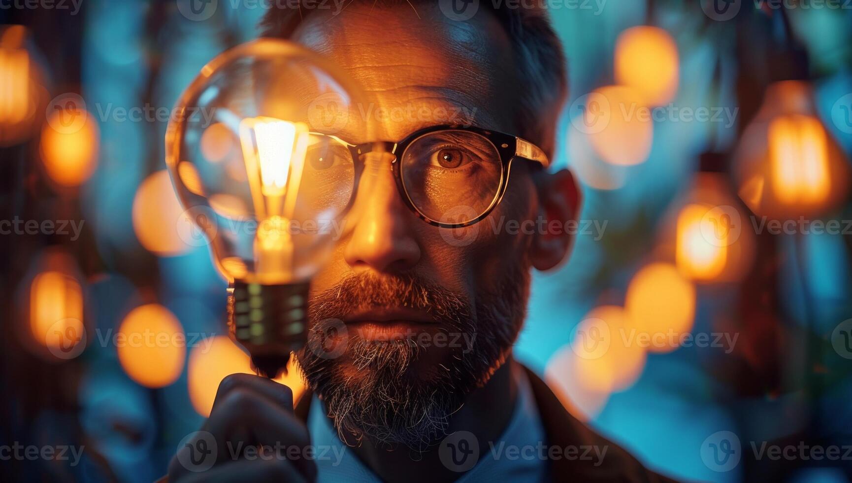 ai généré portrait de une barbu homme avec une lumière ampoule dans le sien main. photo