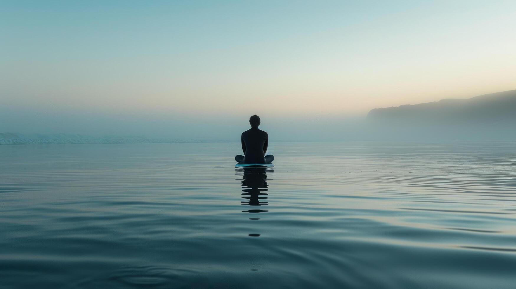 ai généré la personne séance sur planche de surf dans océan à le coucher du soleil photo