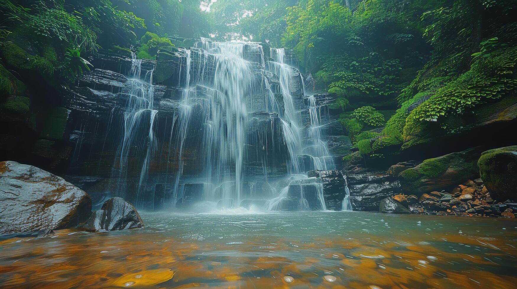 ai généré petit cascade dans forêt photo