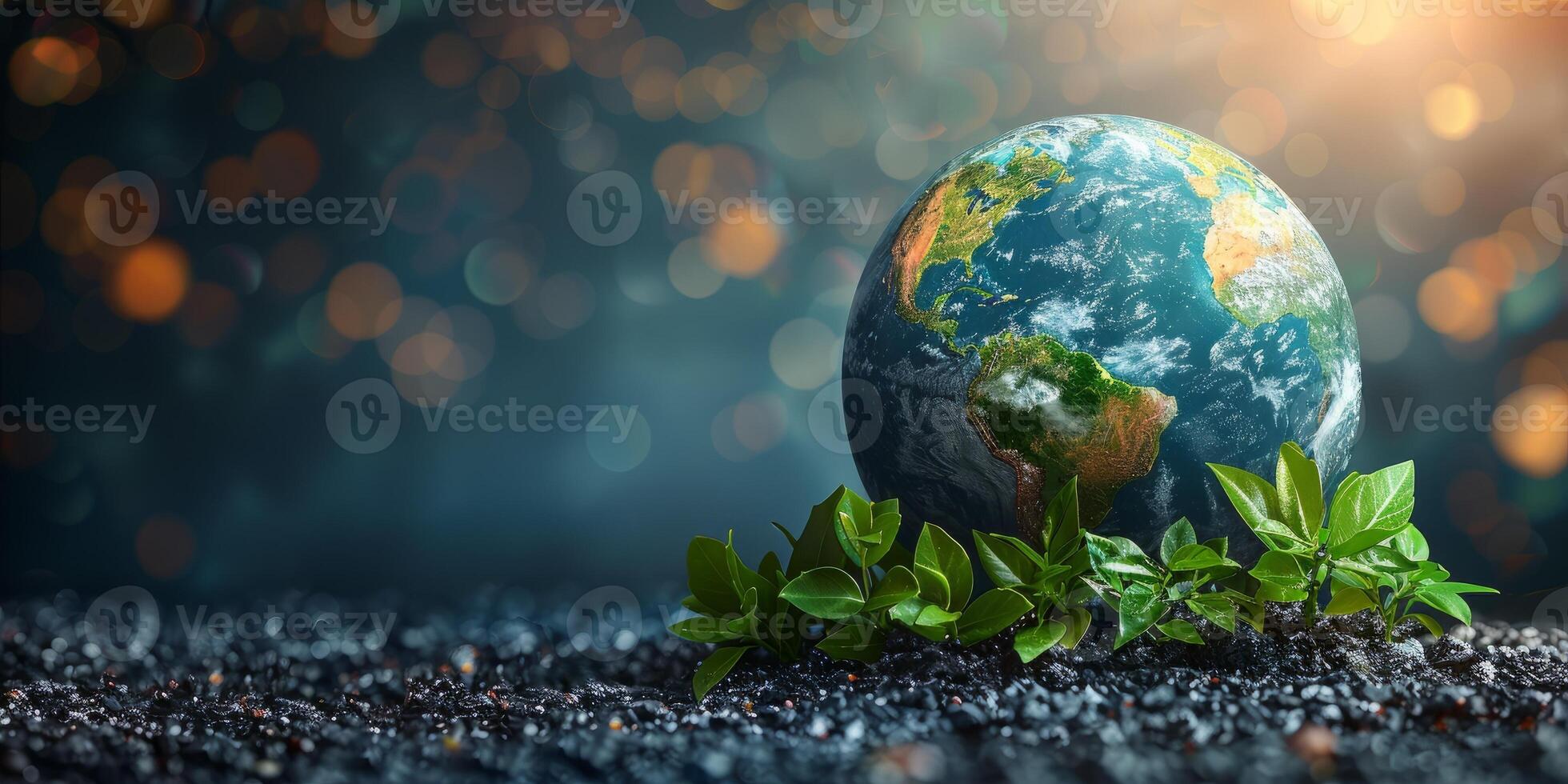 ai généré Terre journée concept, image de une planète Terre avec vert feuilles croissance en dehors de le sol dans de face de il. photo