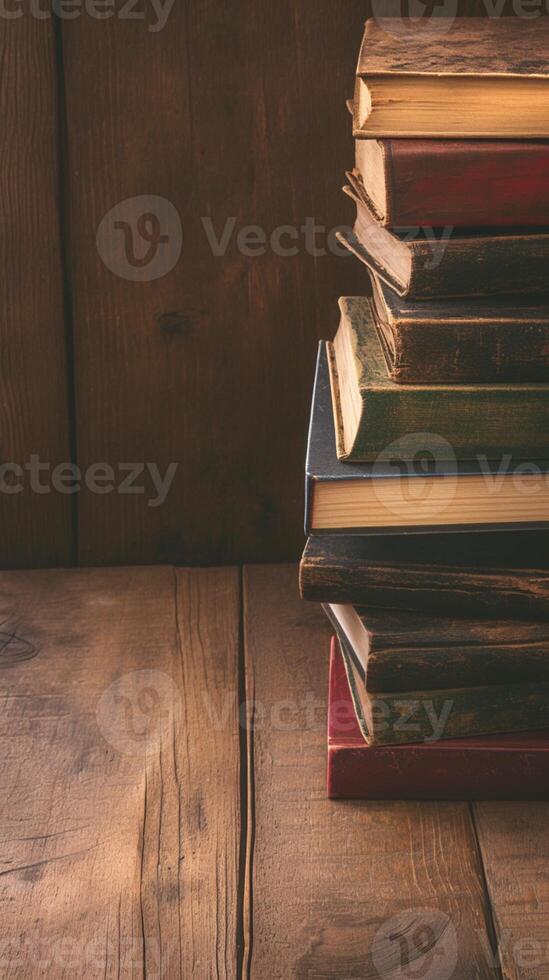 ai généré classique en train de lire installer vieux relié livres sur une rustique table verticale mobile fond d'écran photo