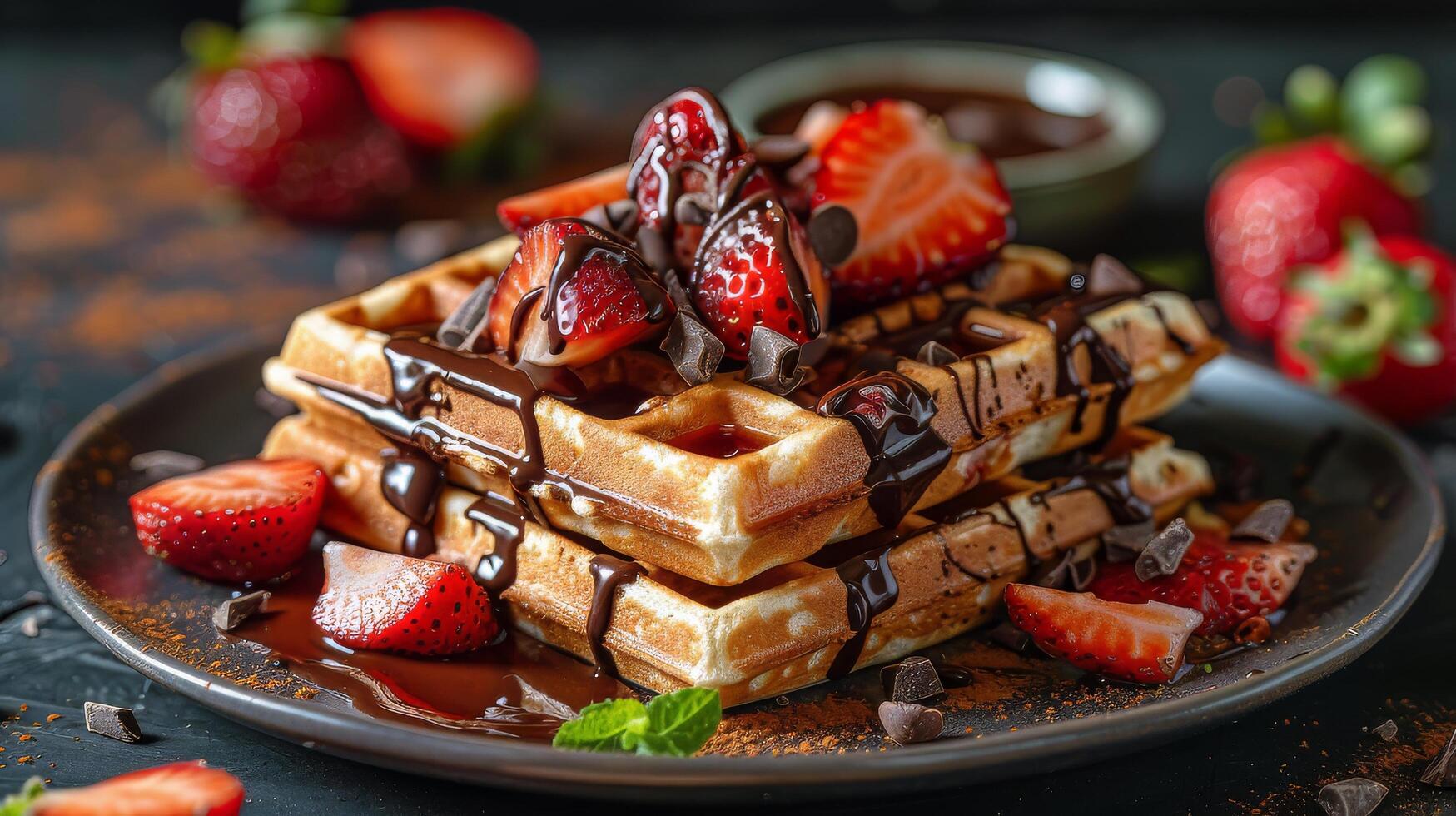 ai généré empiler de gaufres couvert dans Chocolat et des fraises photo