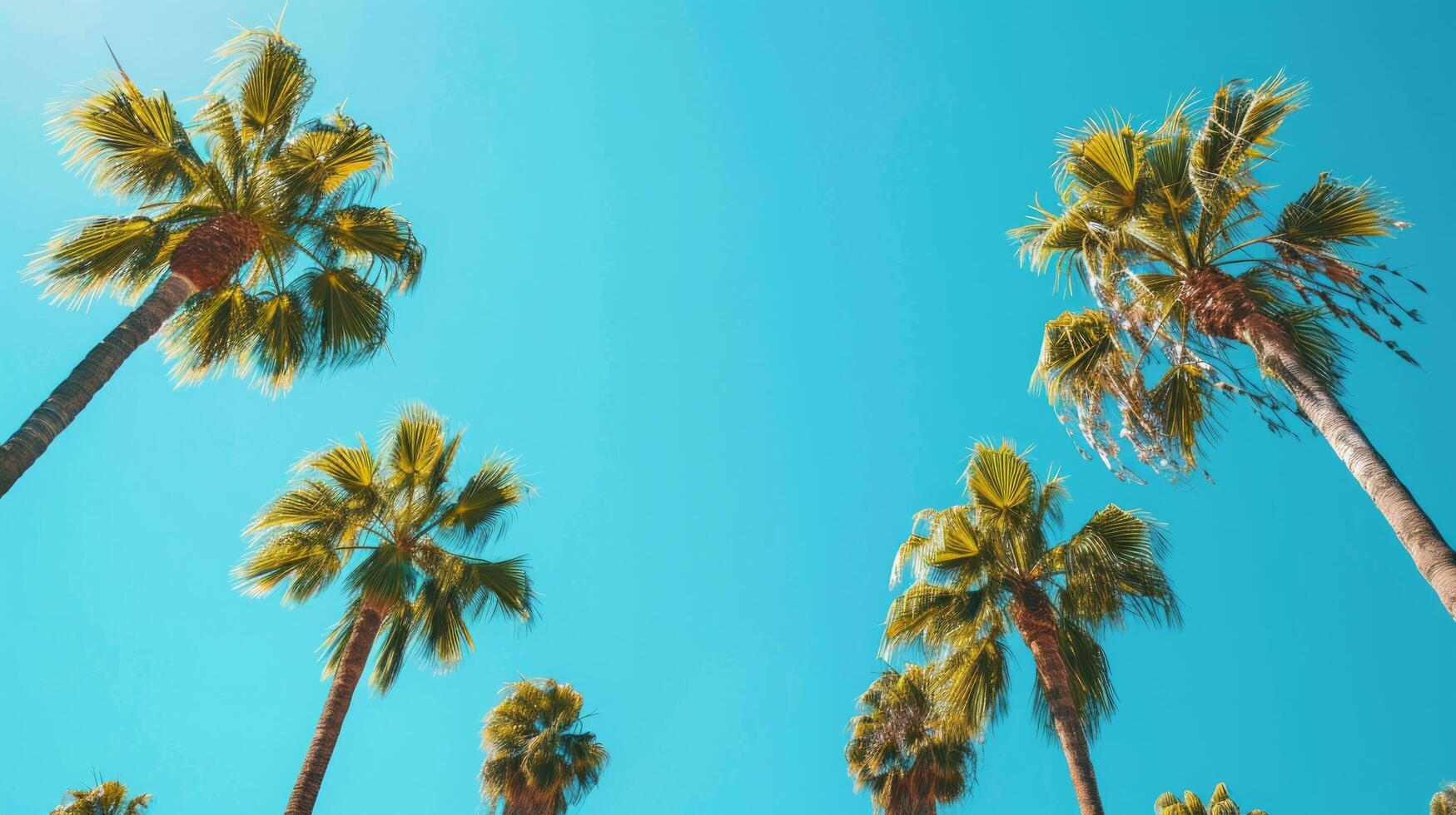 ai généré une minimaliste composition de grand paume des arbres contre une brillant bleu ciel, création une frappant photo