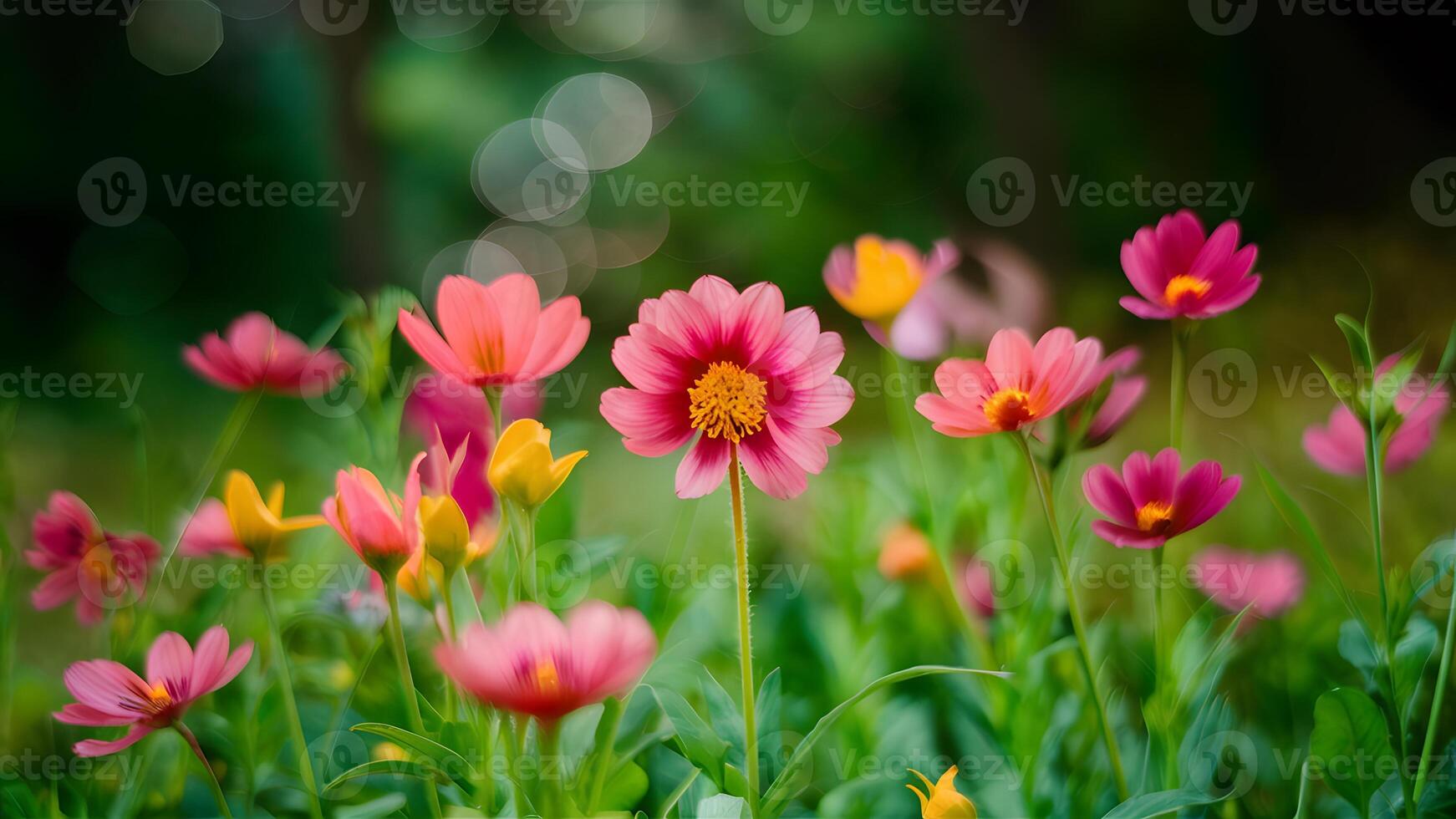 ai généré coloré sauvage forêt fleur image avec unique bokeh Contexte photo