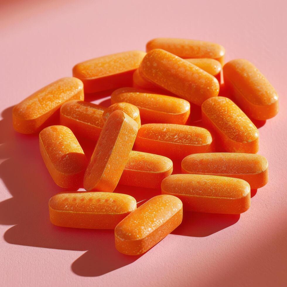 ai généré Orange vitamine pilules arrangé sur une doux rose Contexte dans une bien éclairé studio photo