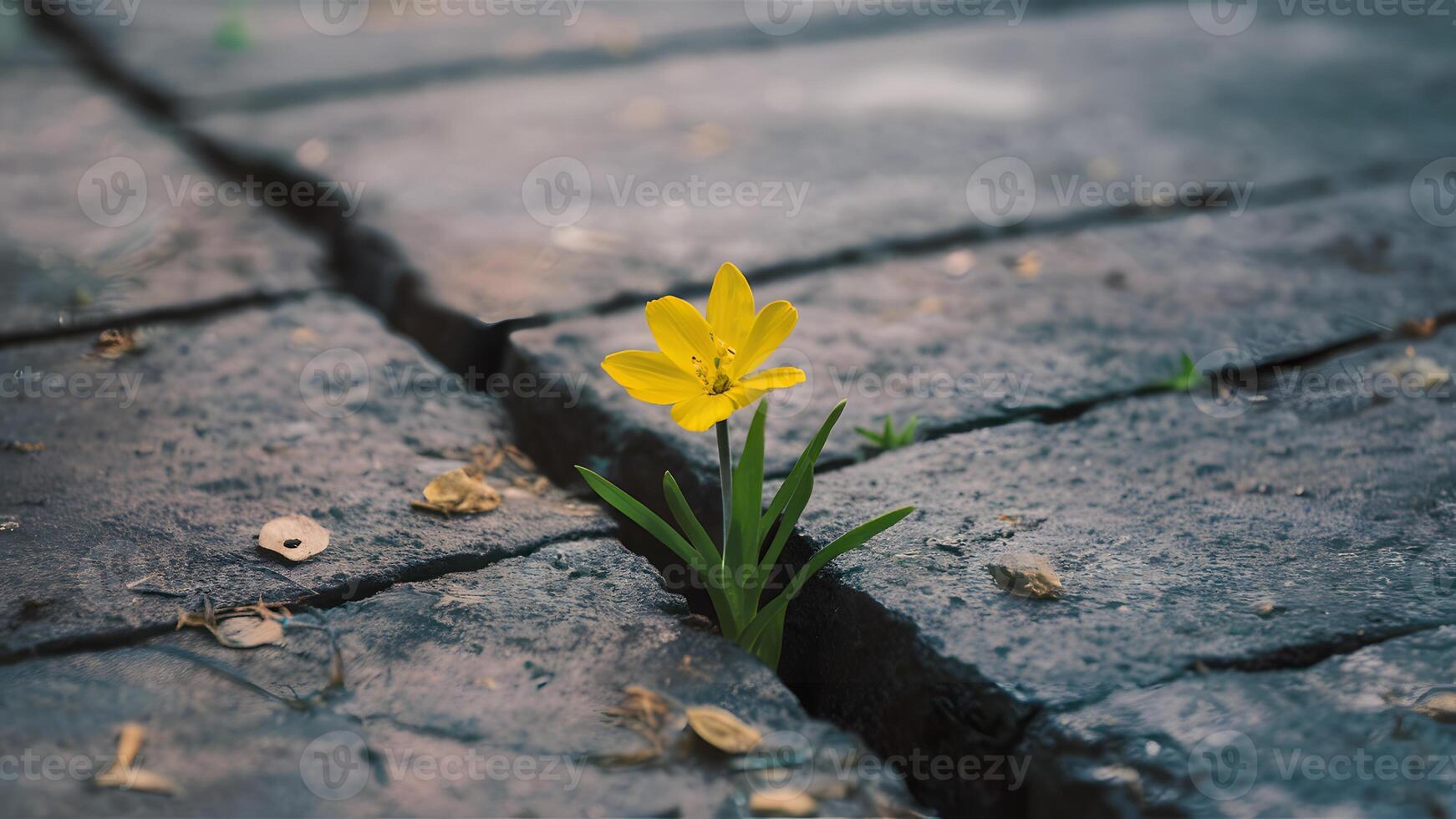 ai généré Jaune fleur croissance dans fissure sur rue, symbolisant espérer photo