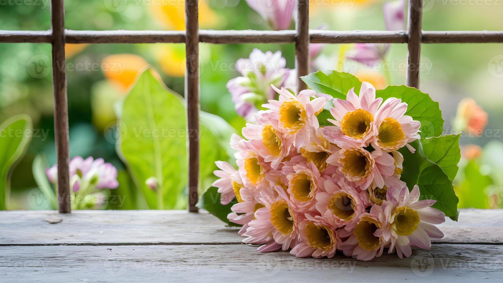 ai généré matière en bois table Haut avec flou fenêtre jardin fleur Contexte photo