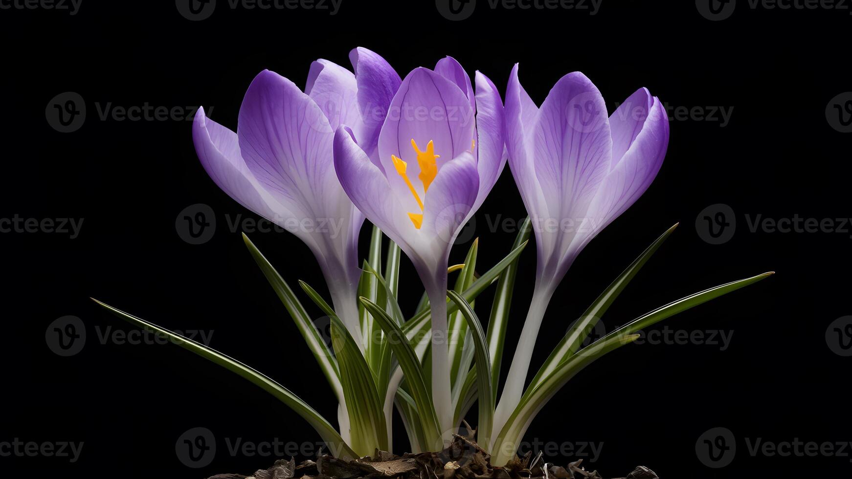 ai généré isolé image de violet crocus printemps fleur sur noir Contexte photo