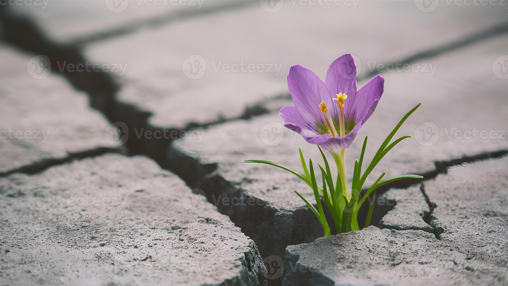 ai généré doux concentrer de violet fleur croissance dans fissure, Vide texte photo