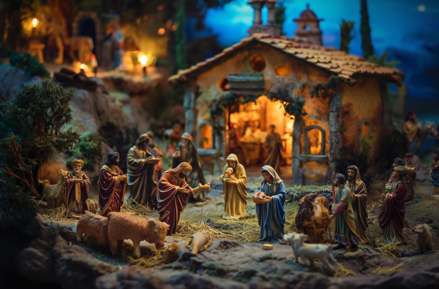 ai généré manifestation de Les figures de le Nativité scène photo