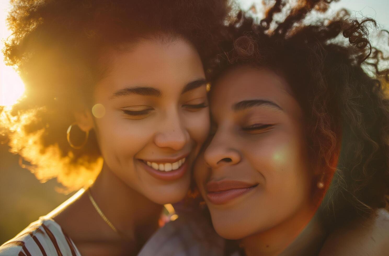 ai généré lgbt couple dans le coucher du soleil lumière photo