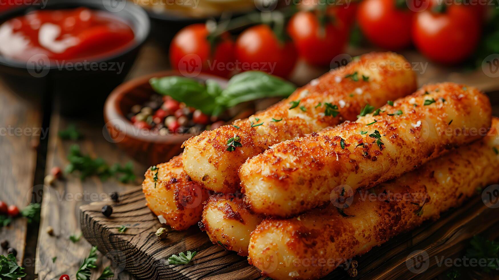 ai généré Frais savoureux mozzarella des bâtons sur une en bois table proche en haut vue photo