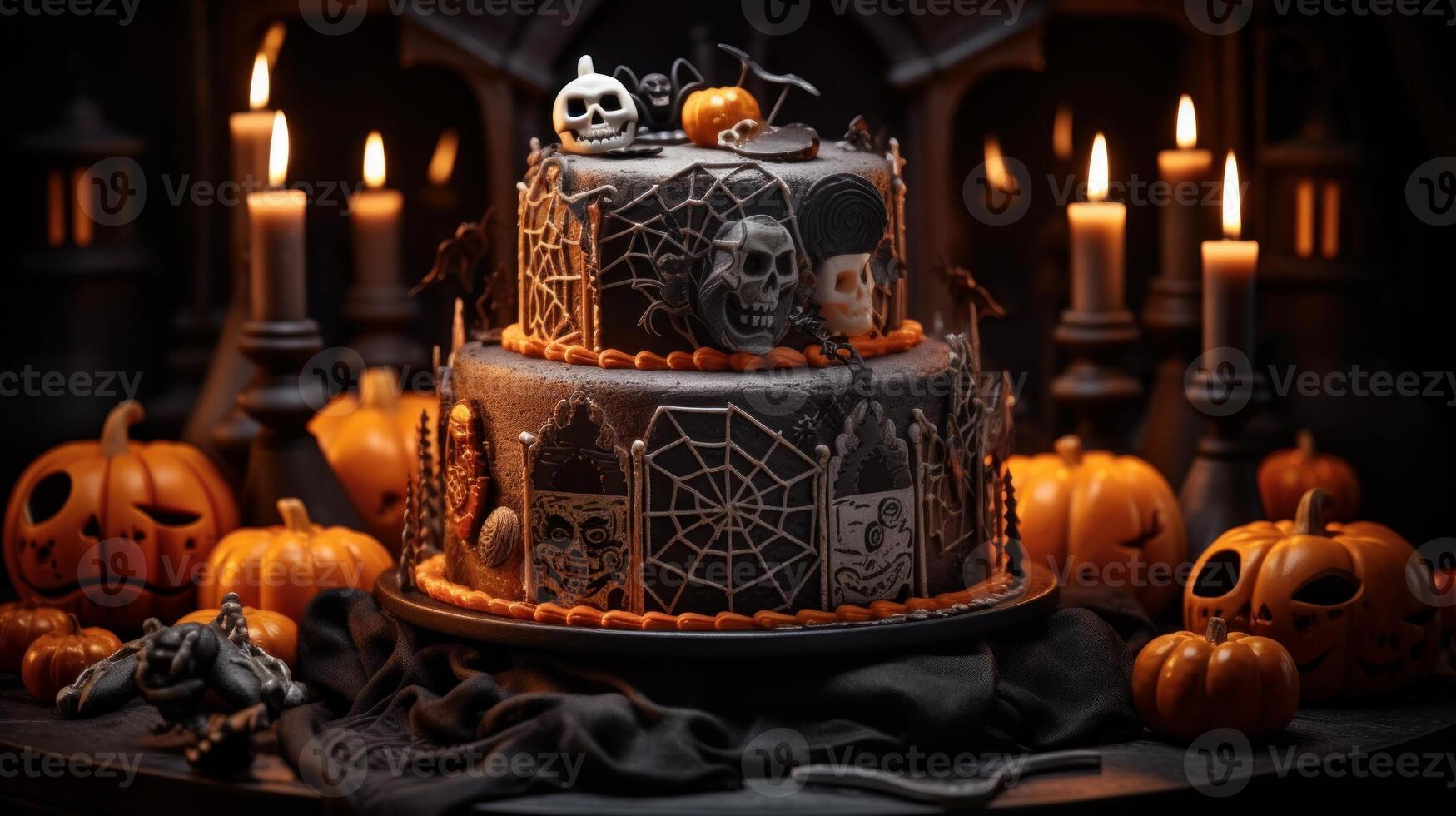 ai généré fermer de une sur le thème d'halloween gâteau avec complexe décorations. génératif ai photo