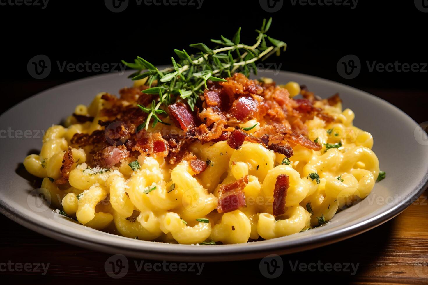 ai généré une assiette de gourmet Bacon et gouda macaroni et fromage. génératif ai photo