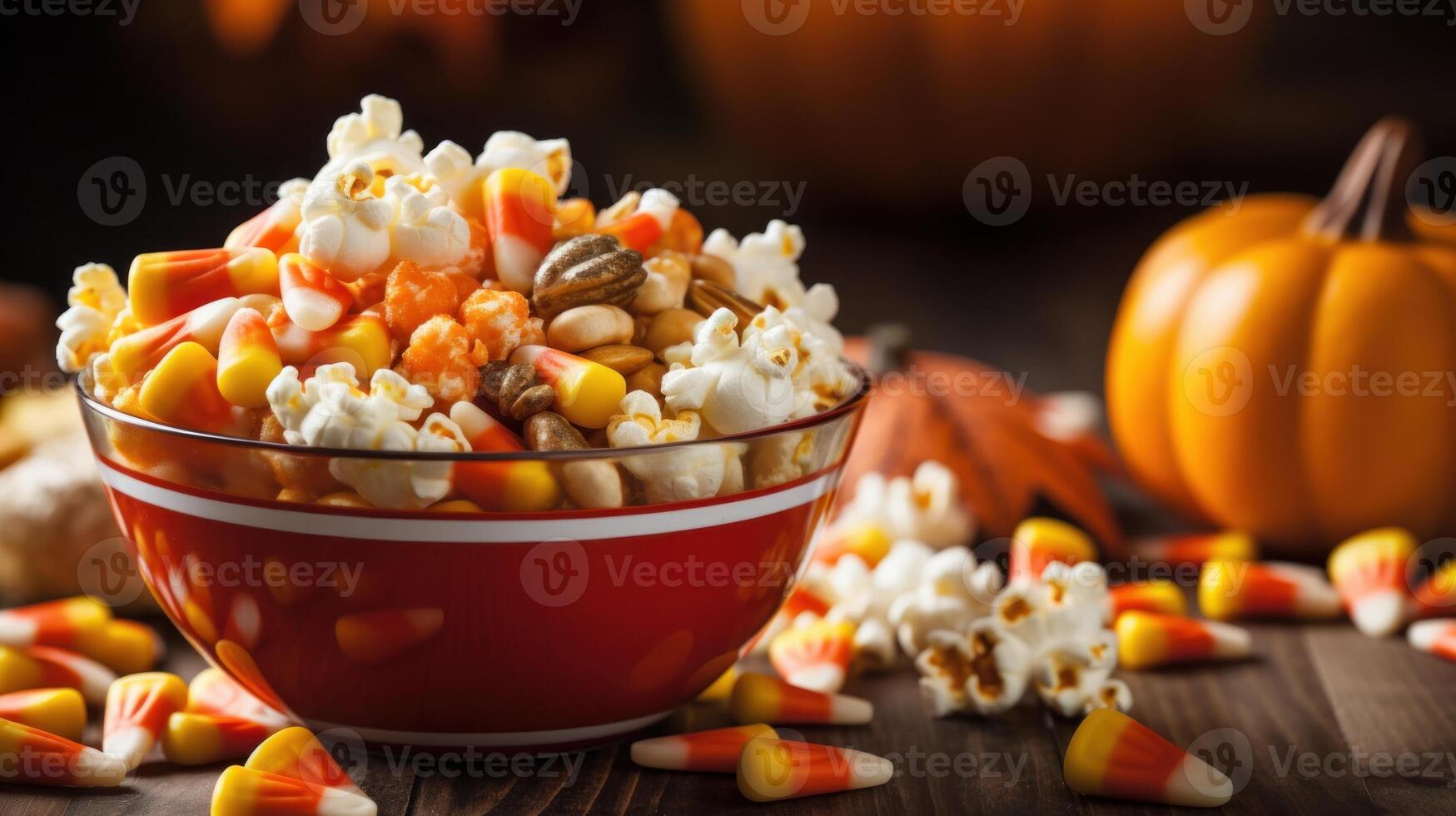 ai généré bol de pop corn avec bonbons blé mixte dans. génératif ai photo