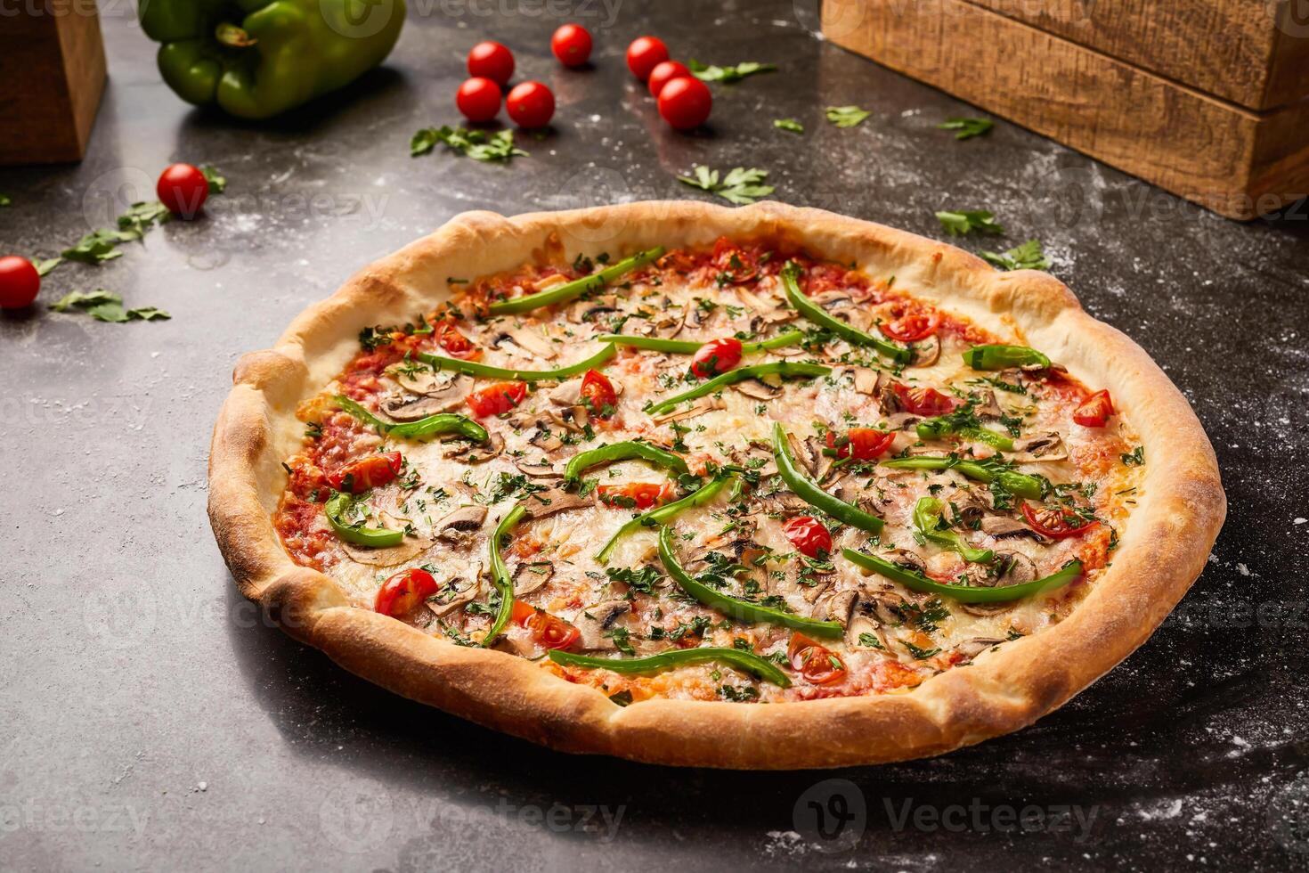 végétarien Pizza Garniture avec Cerise tomate, champignon, latin et coriandre isolé sur foncé Contexte avec brut nourriture Haut vue de italien Fast food apéritif photo