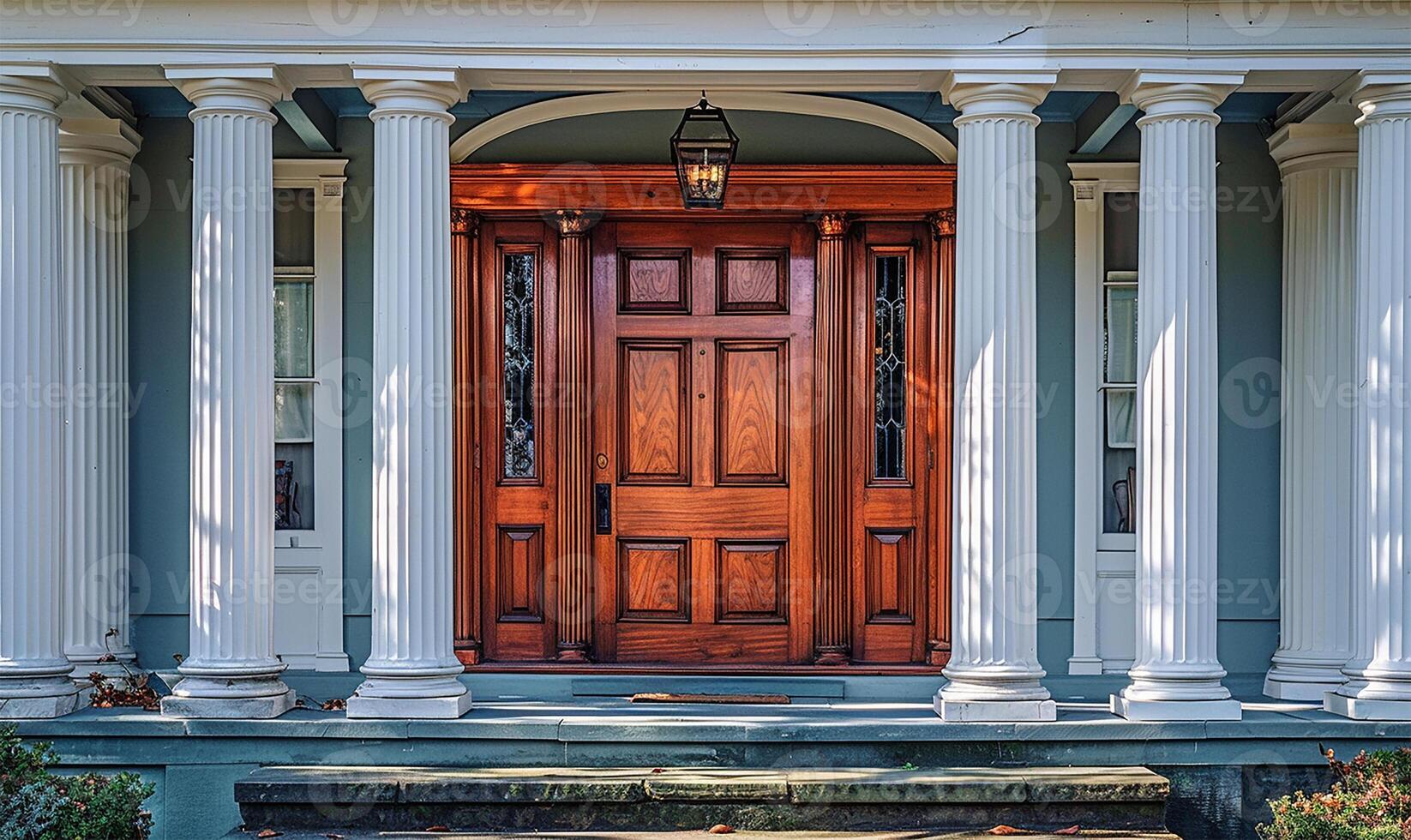 ai généré le principale entrée porte de le maison Caractéristiques une charmant en bois de face porte avec une à pignon porche et atterrissage. photo