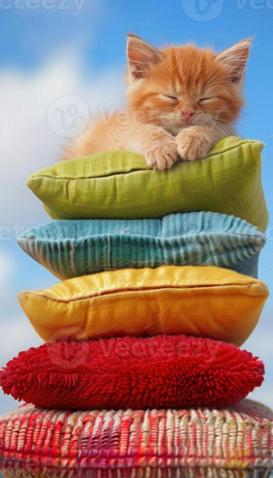 ai généré serein Orange tigré chaton endormi sur coloré oreillers photo