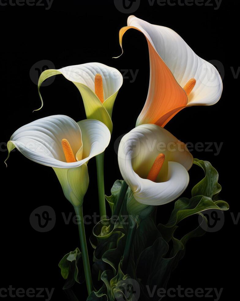 ai généré bouquet de calla lis plus de noir Contexte photo