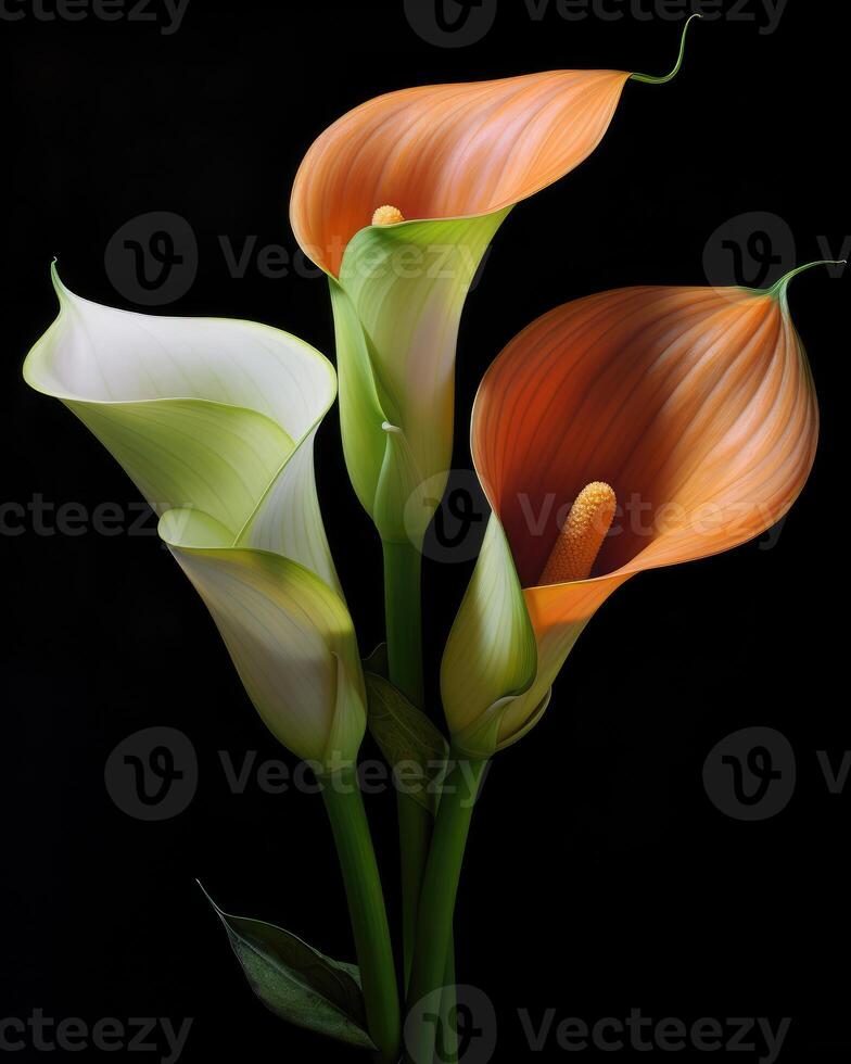 ai généré bouquet de calla lis plus de noir Contexte photo