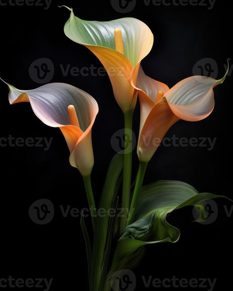 ai généré bouquet de calla lis plus de noir Contexte photo