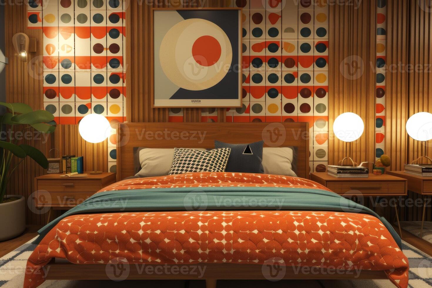 ai généré une milieu du siècle style moderne chambre à coucher, Achevée avec iconique meubles pièces photo