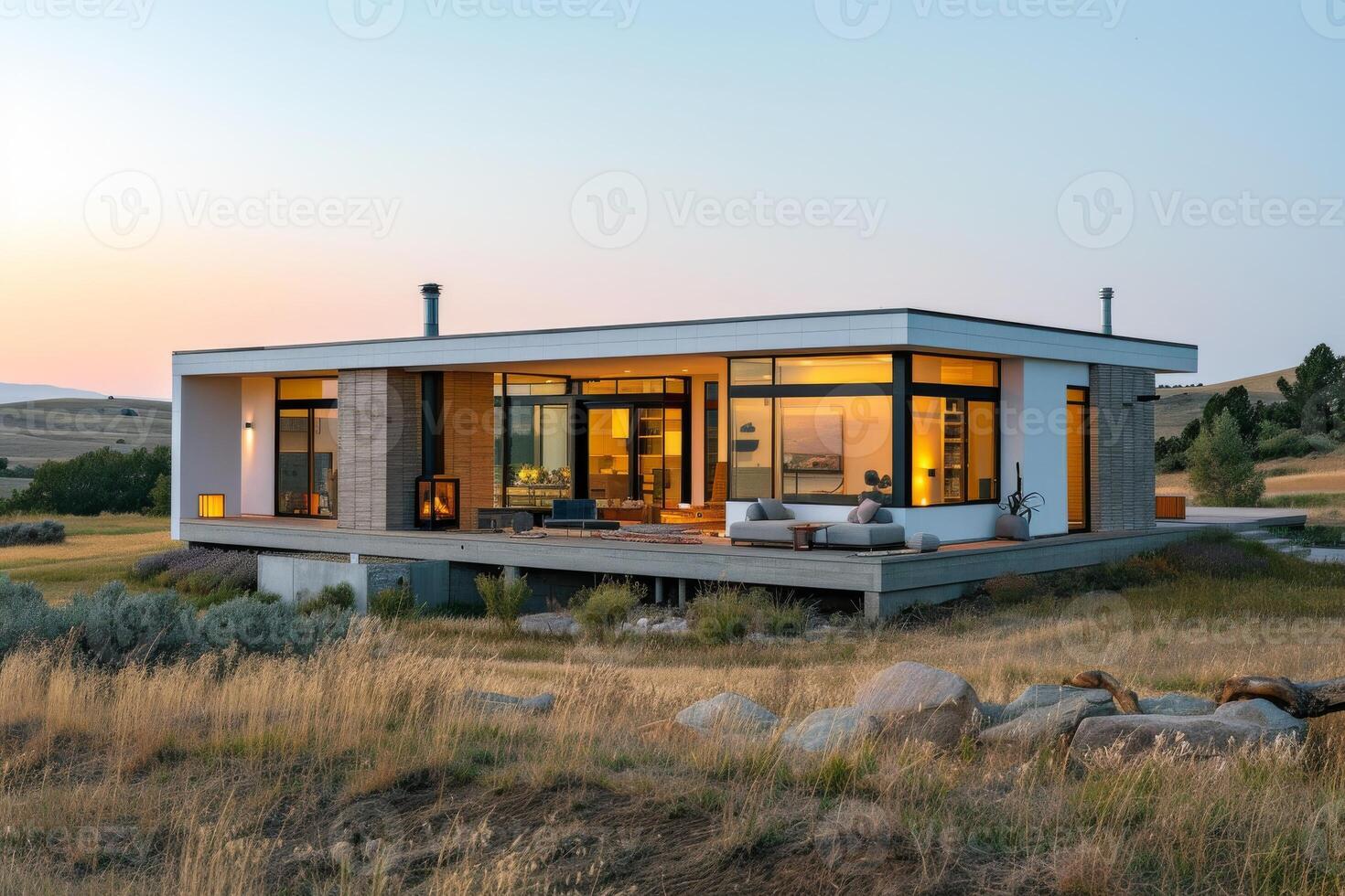 ai généré une moderne minimaliste maison entouré par roulant collines et ouvert des champs photo