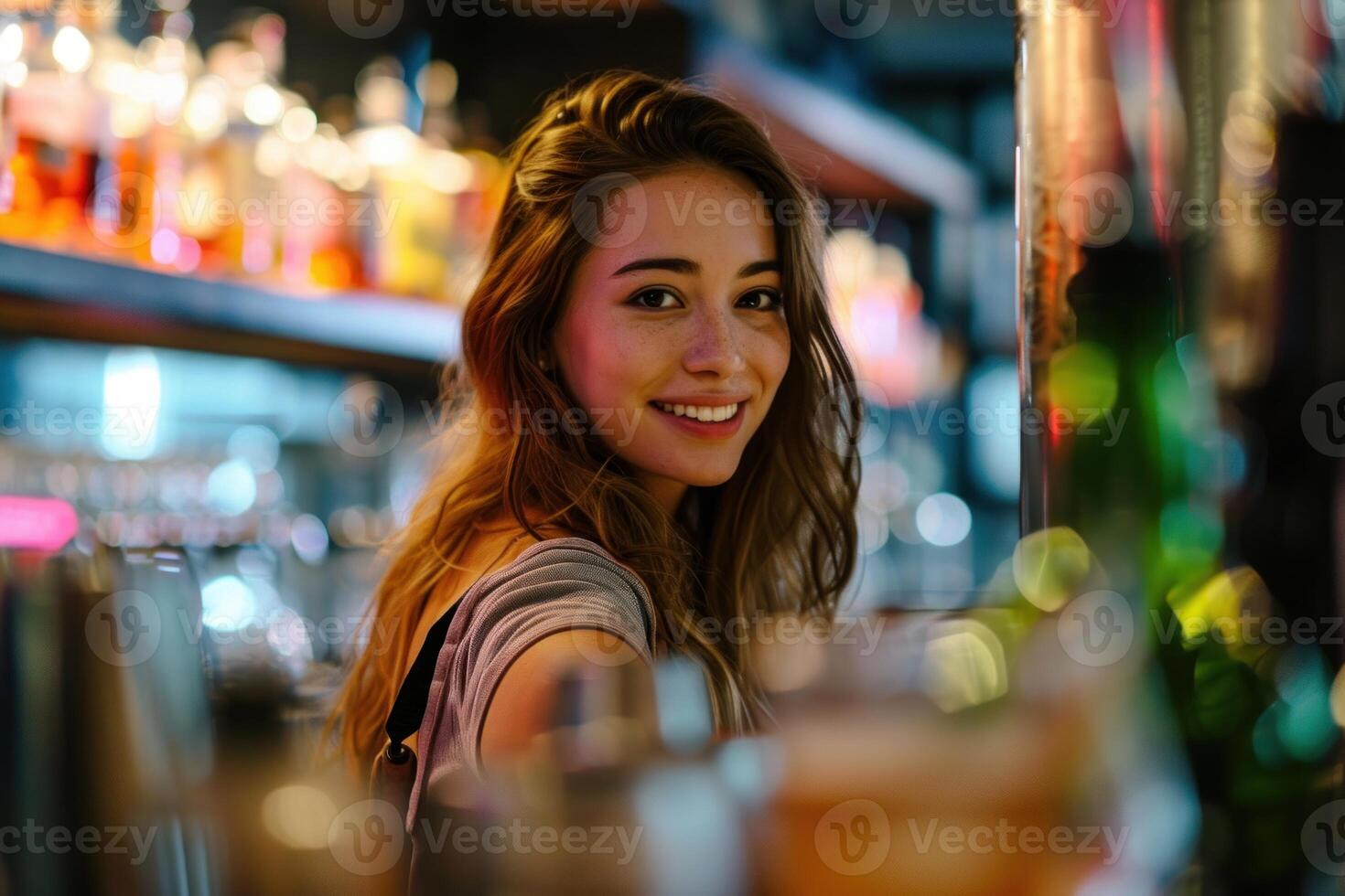 ai généré animé attrayant Jeune femelle barman alcool. produire ai photo