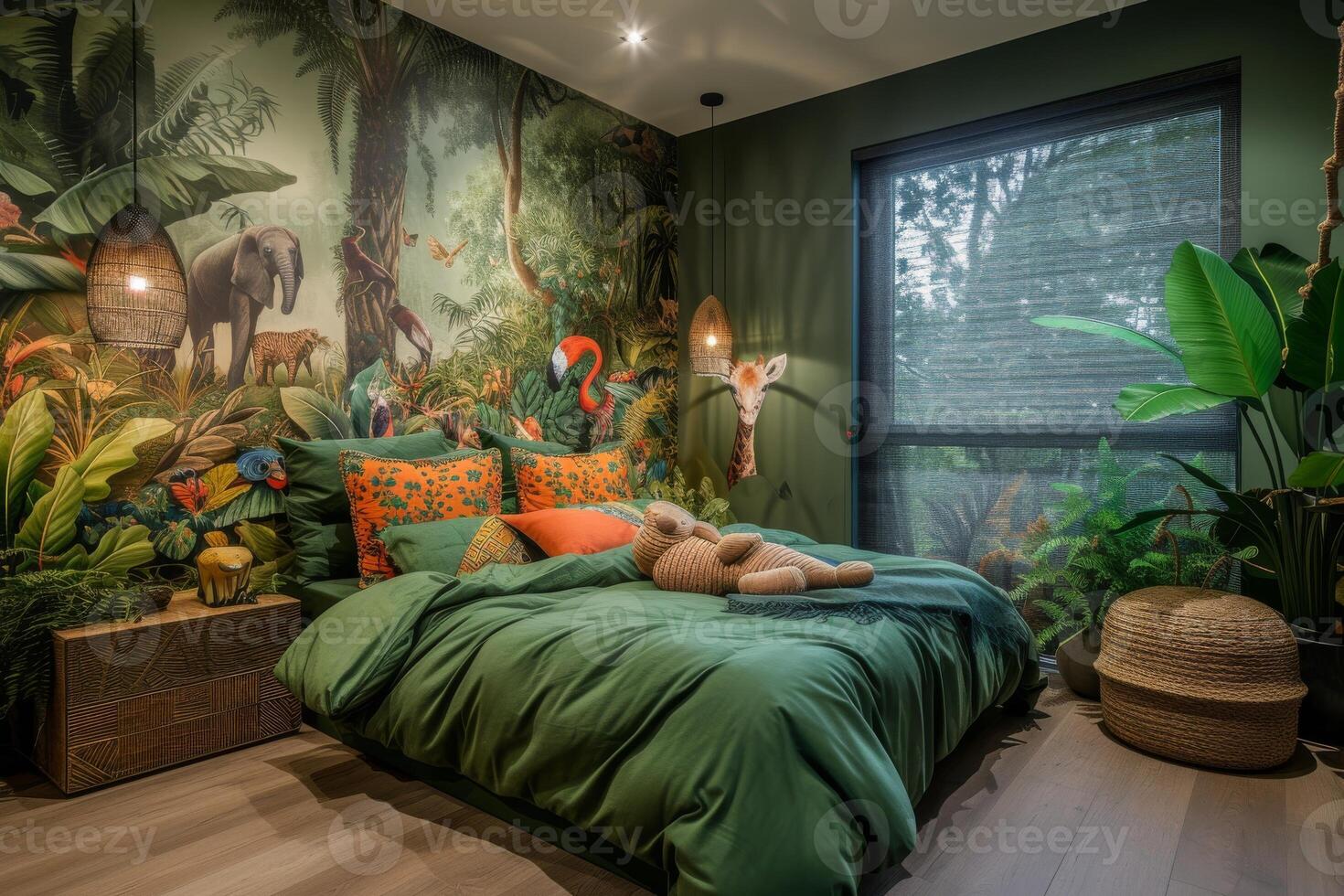 ai généré une sur le thème de la jungle enfants' chambre avec des murs orné photo