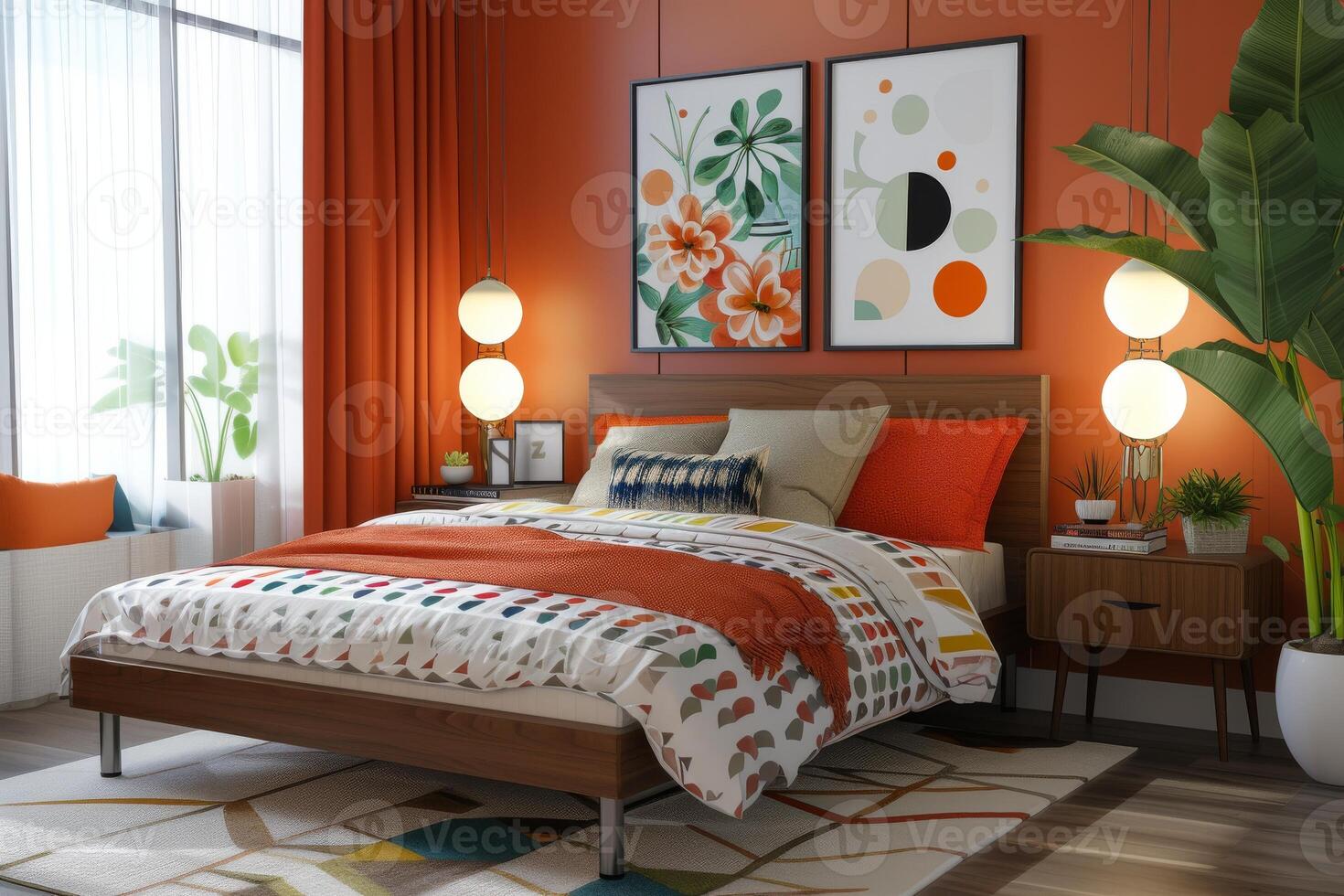 ai généré une milieu du siècle style moderne chambre à coucher, Achevée avec iconique meubles pièces photo