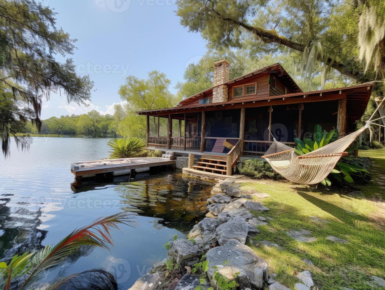 ai généré une ranch maison niché sur le rivages de une tranquille Lac photo