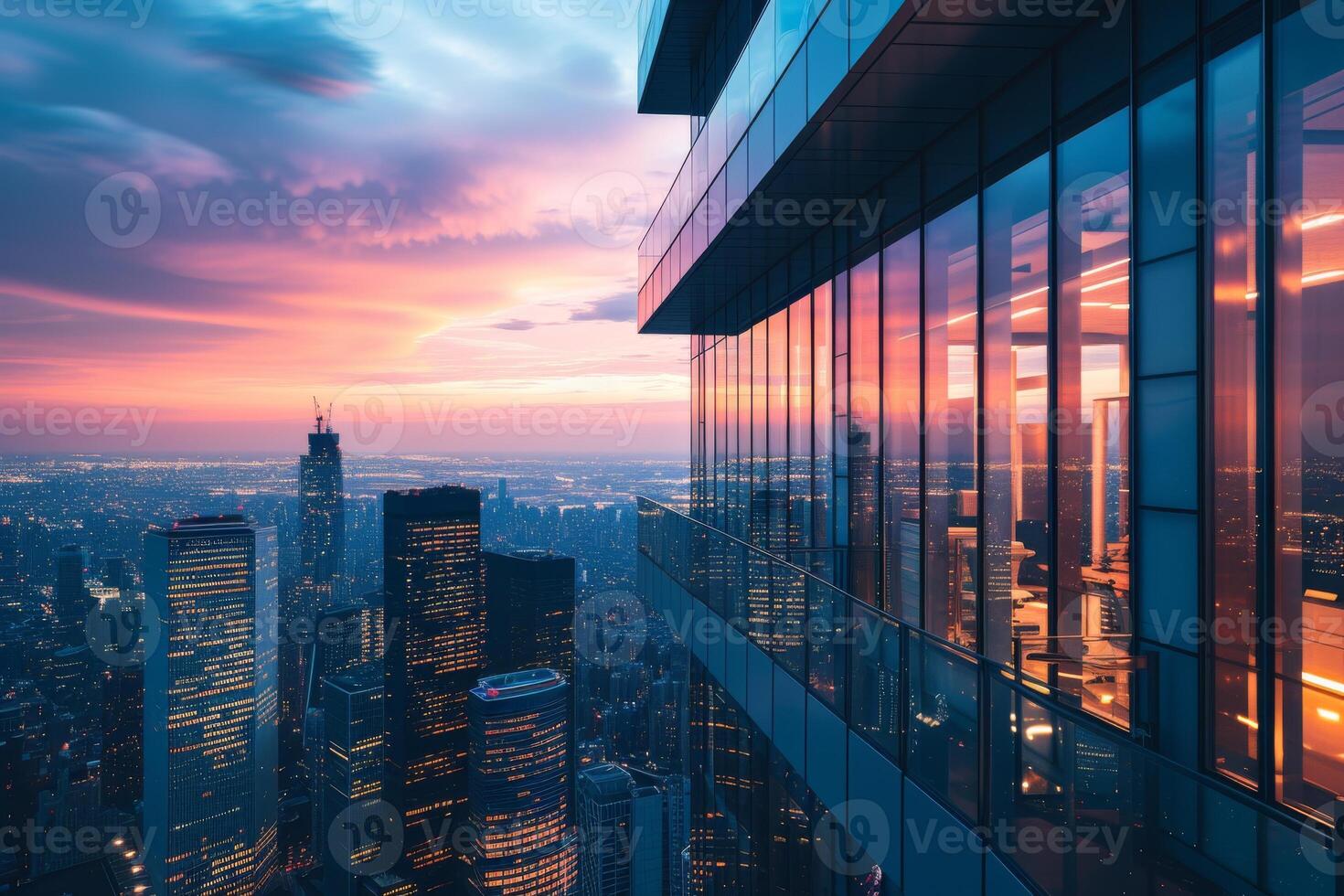 ai généré une moderne Bureau la tour comme crépuscule descend sur le Urbain paysage photo