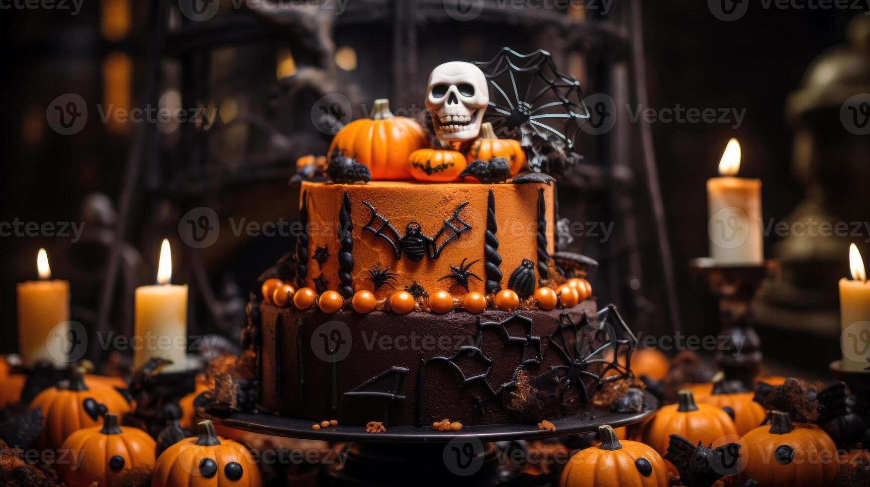 ai généré sur le thème d'halloween gâteau avec complexe décorations. génératif ai photo