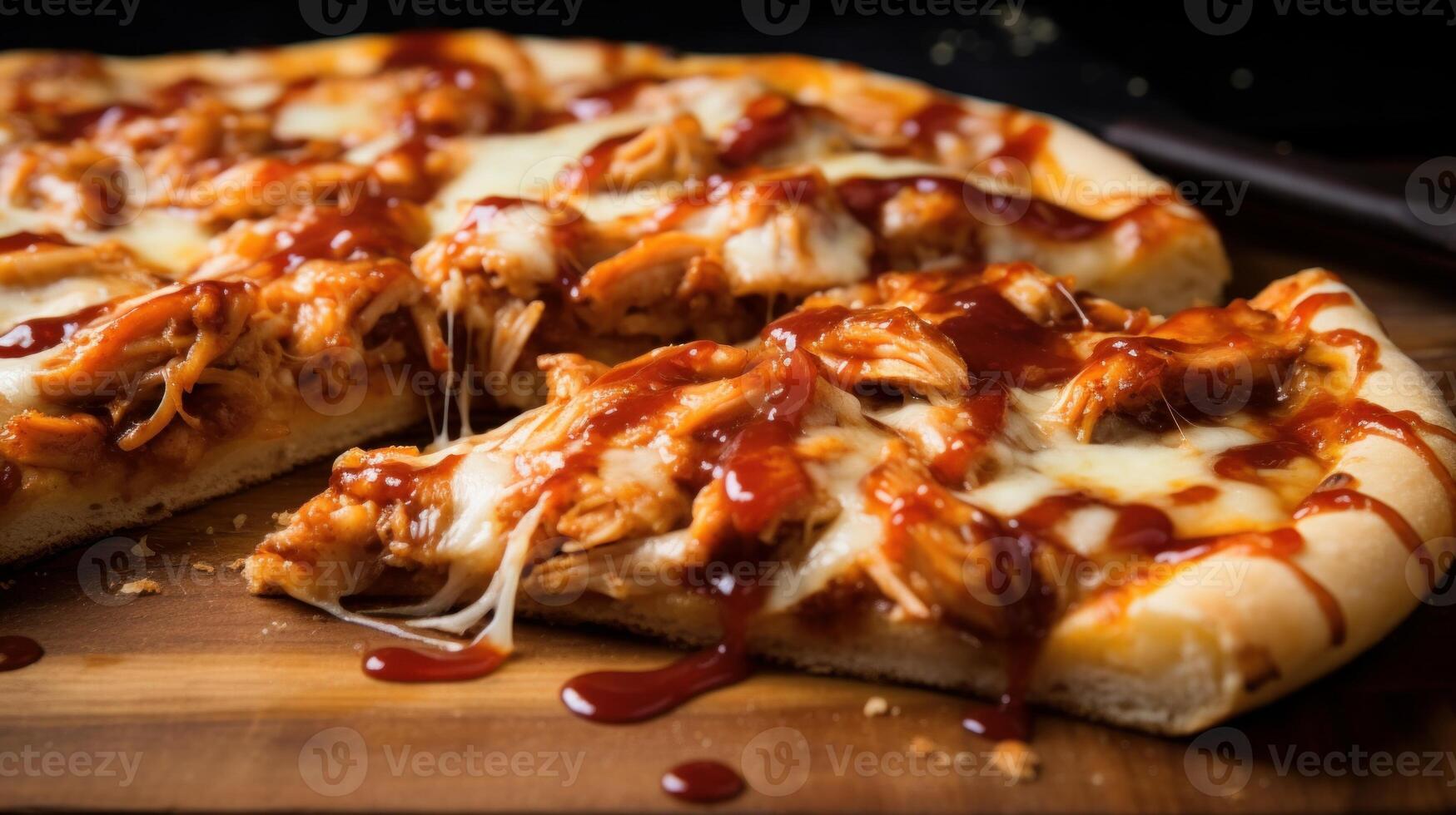 ai généré fermer de une graisseux et ringard tranche de un barbecue poulet Pizza. génératif ai photo