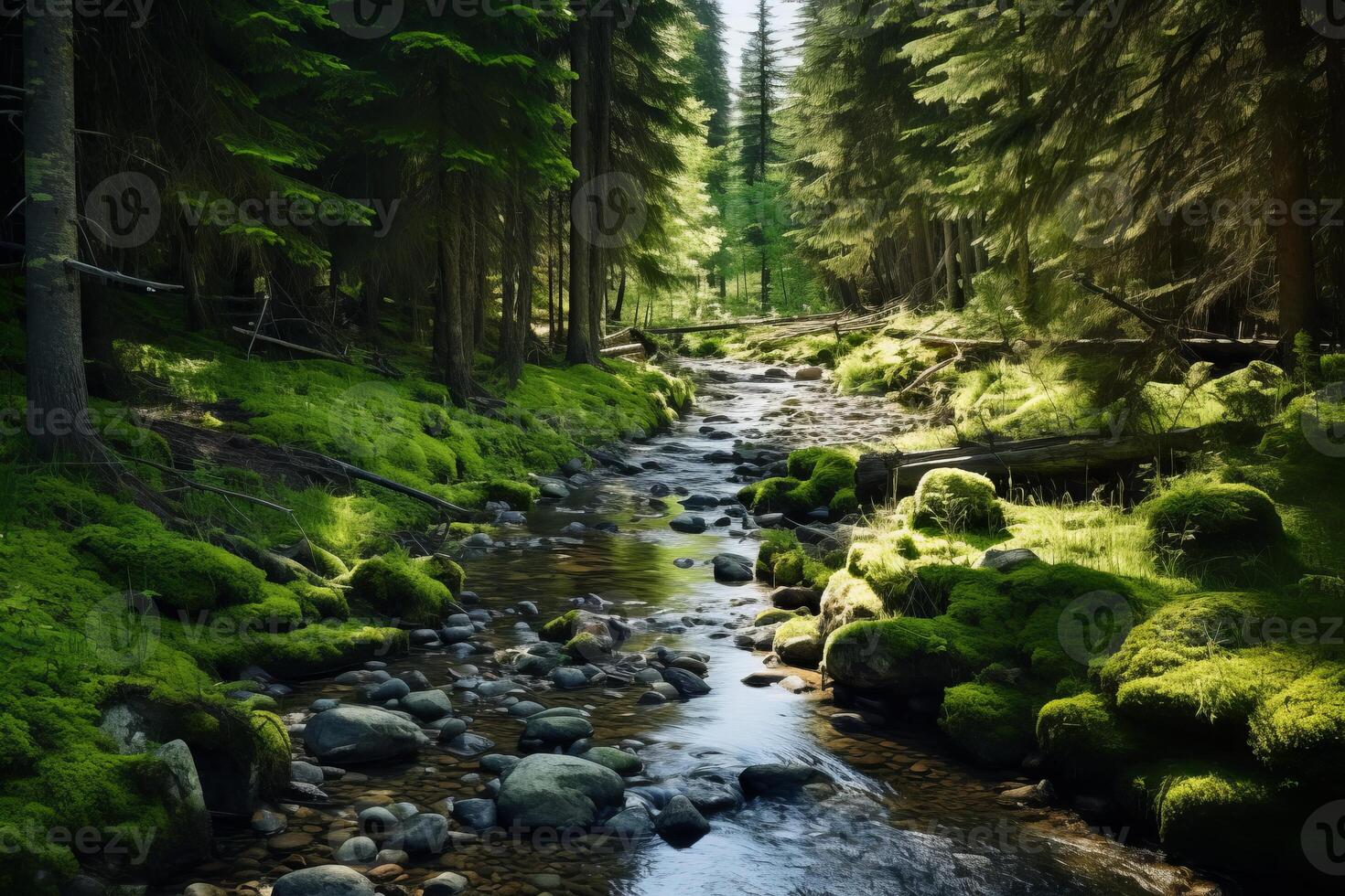 ai généré cristal clair courant sinueux par à feuilles persistantes les bois. génératif ai photo