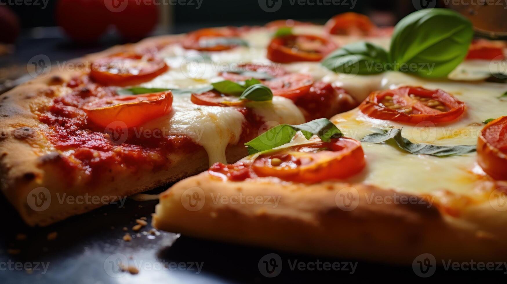 ai généré fermer de une graisseux et ringard tranche de margherita Pizza. génératif ai photo