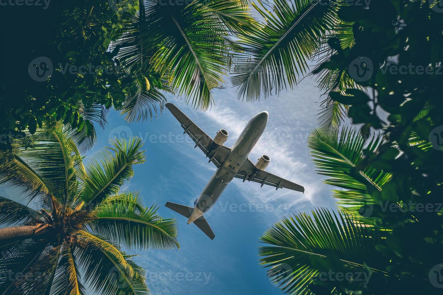 ai généré exotique avion plus de tropical paume arbre. produire ai photo