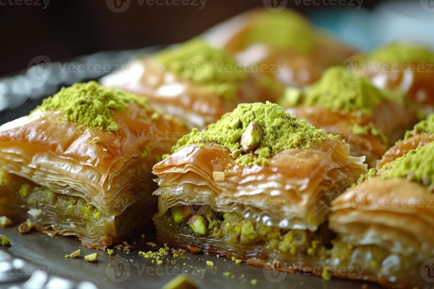 ai généré floconneux assorti pistache Baklava. produire ai photo