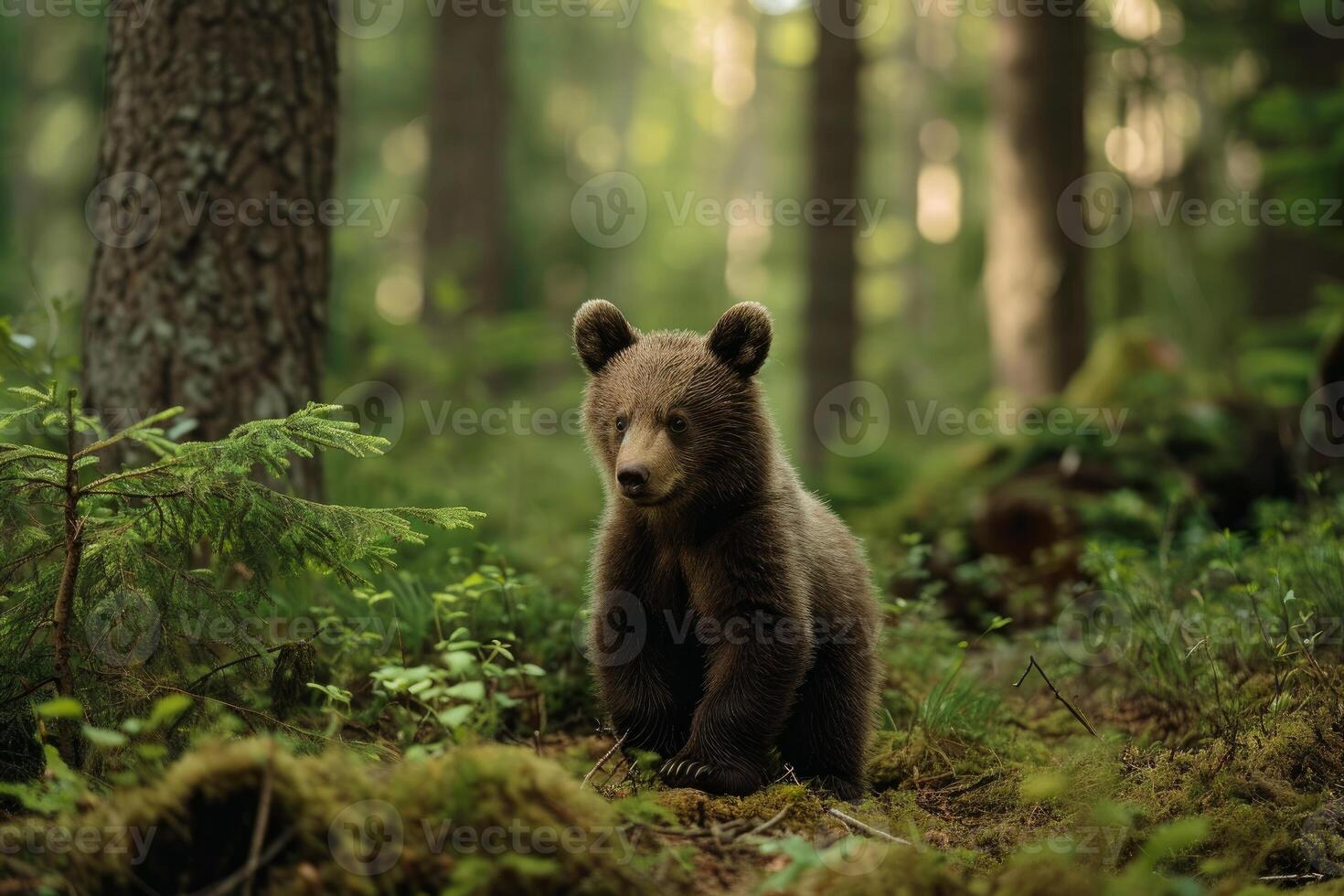 ai généré aventureux bébé ours forêt. produire ai photo