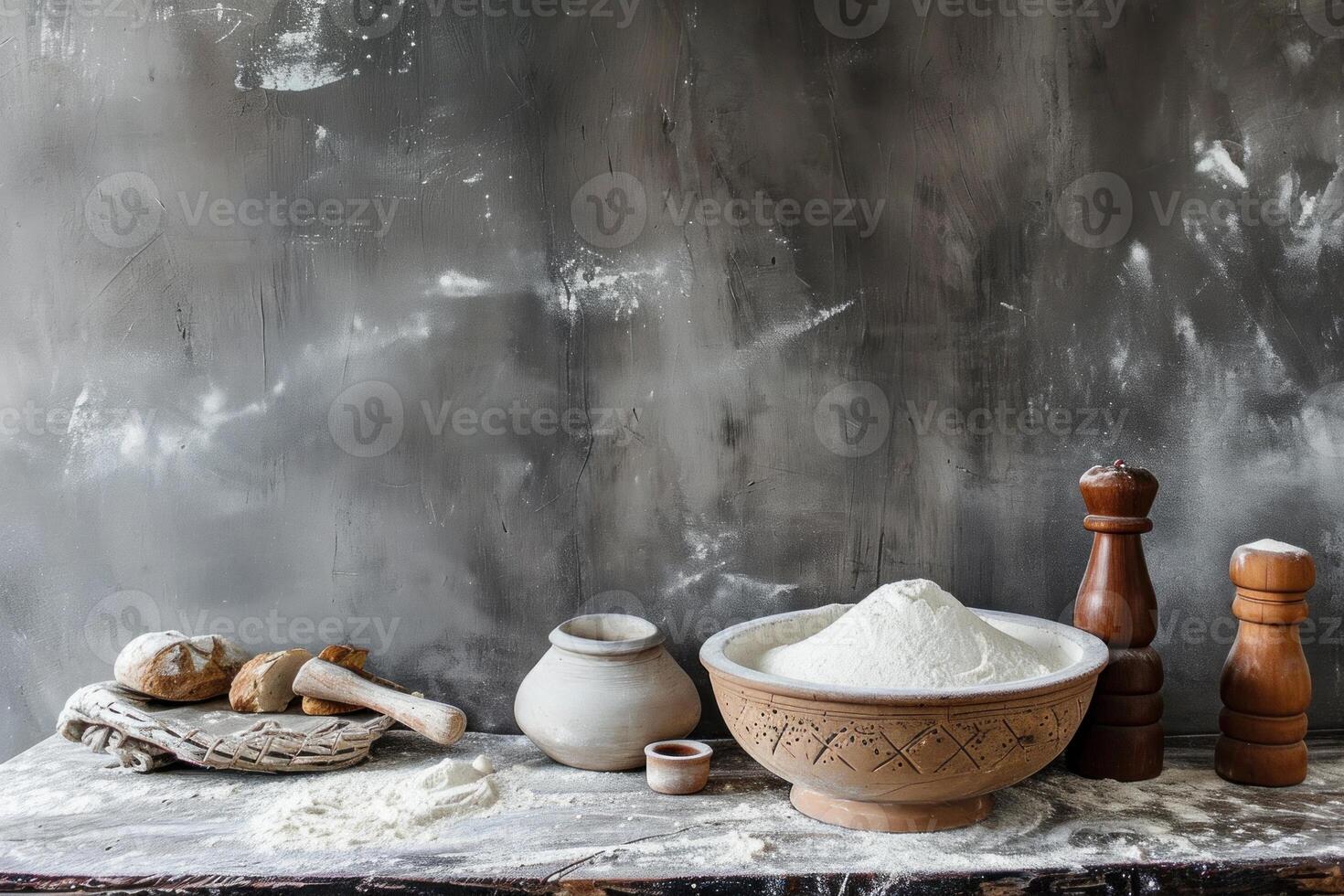 ai généré boulangerie farine table rustique. produire ai photo