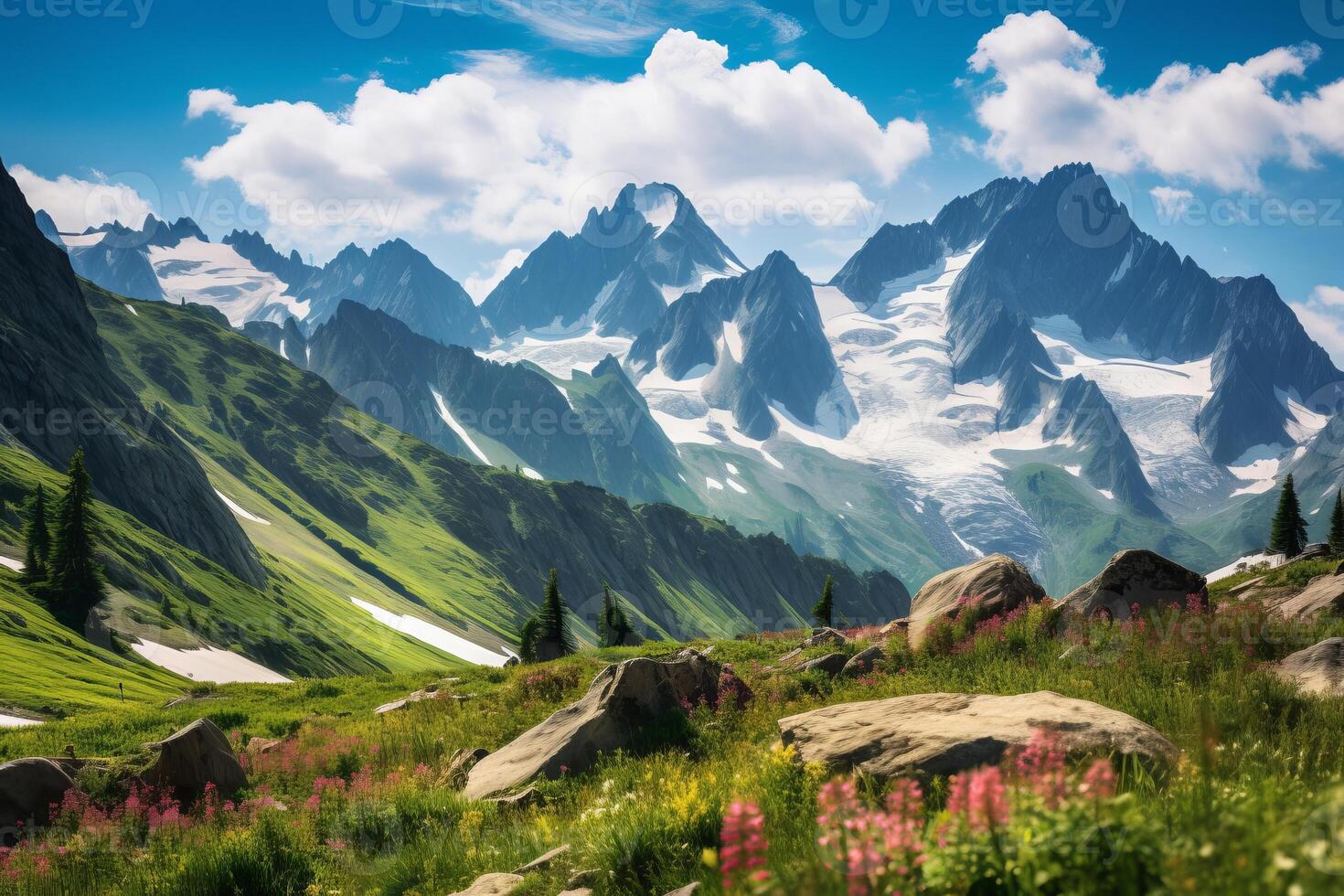 ai généré imposant pics et alpin prés en dessous de une brillant bleu ciel. génératif ai photo